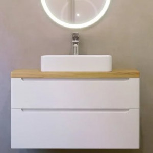Тумба с раковиной Jorno Wood 100 белая, светлая столешница