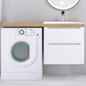 Тумба с раковиной Jorno Wood 120 белая под стиральную машину, светлая столешница