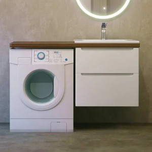 Тумба с раковиной Jorno Wood 120 белая под стиральную машину, темная столешница