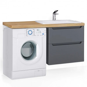 Тумба с раковиной Jorno Wood 120 серая под стиральную машину, светлая столешница